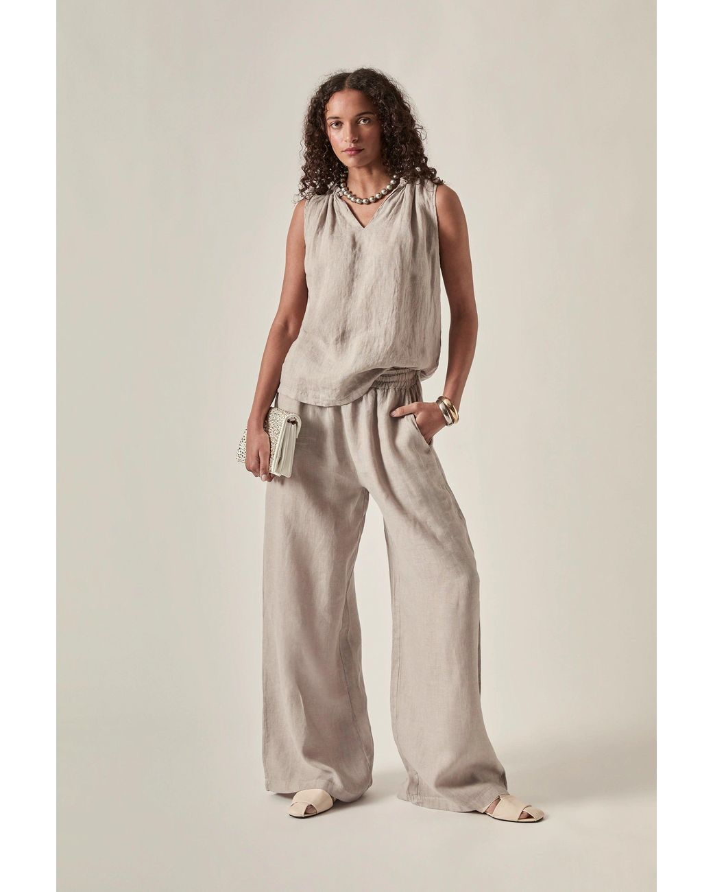 James Lakeland Gray Neutrals Taupe Pure Linen Sleeveless Top