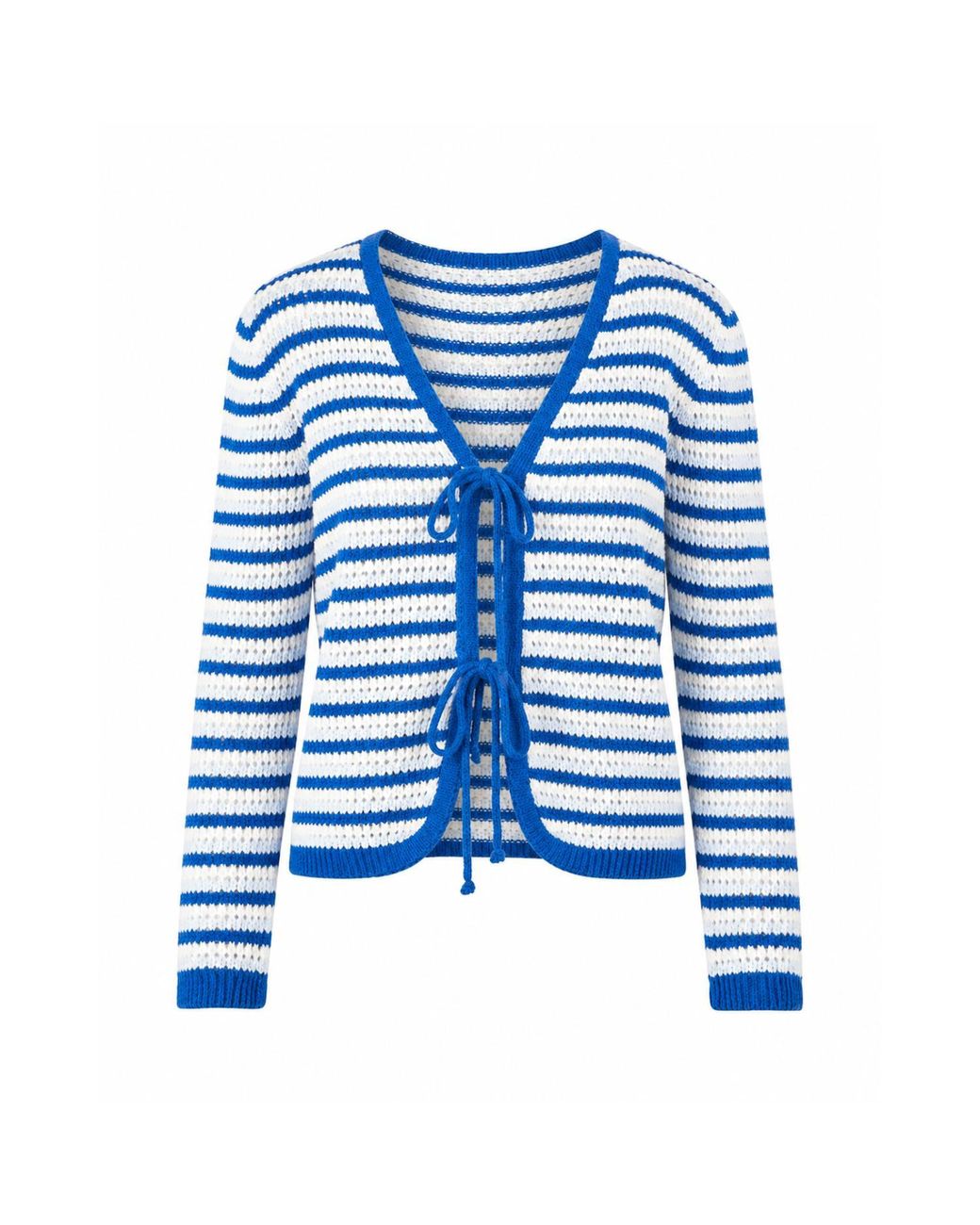 Mind Traveler Blue Striped Open-Knit Tie-Front Cardigan