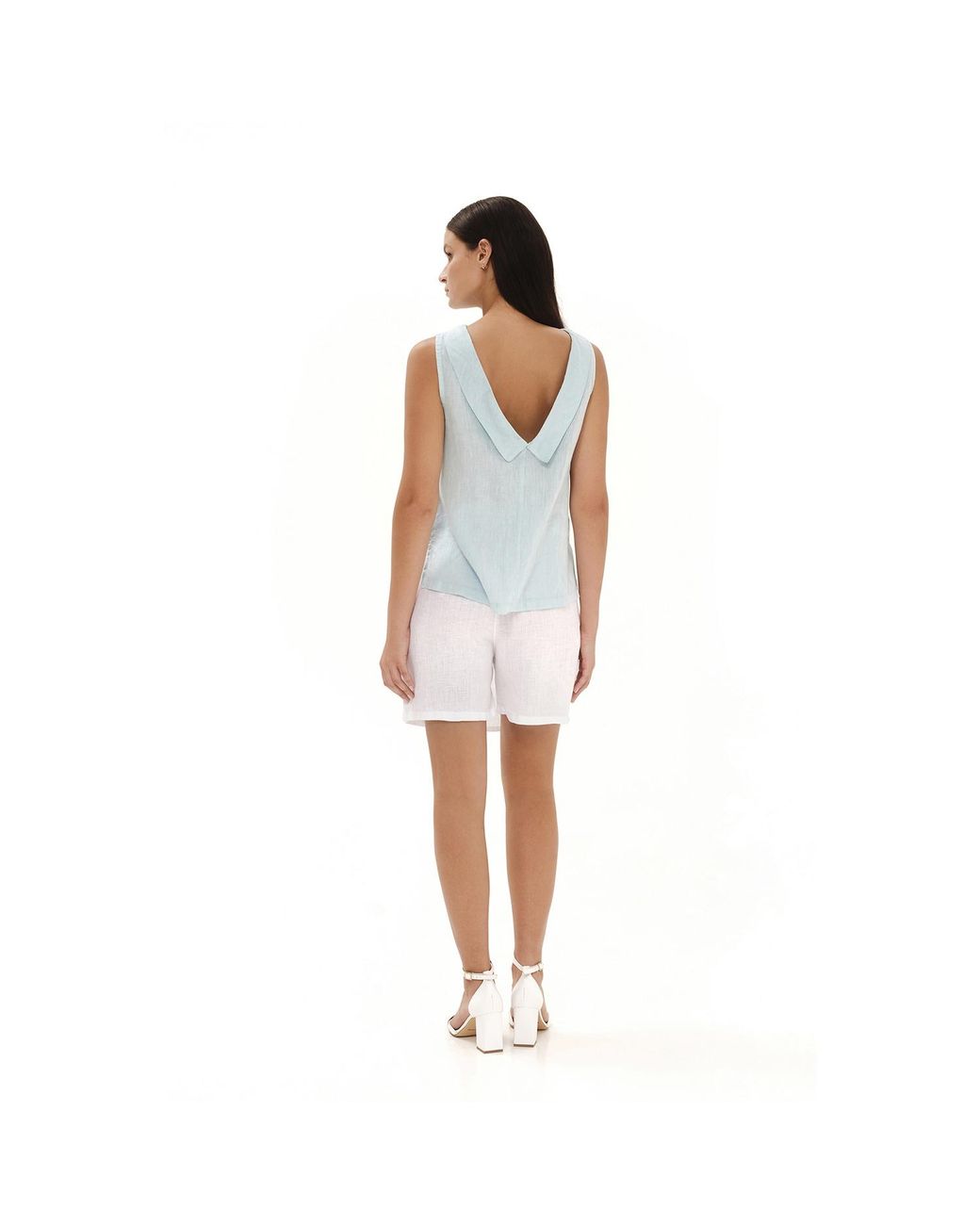 Haris Cotton Blue Boat Neckline Sleeveless Linen Top With Deep V Back Sapphire