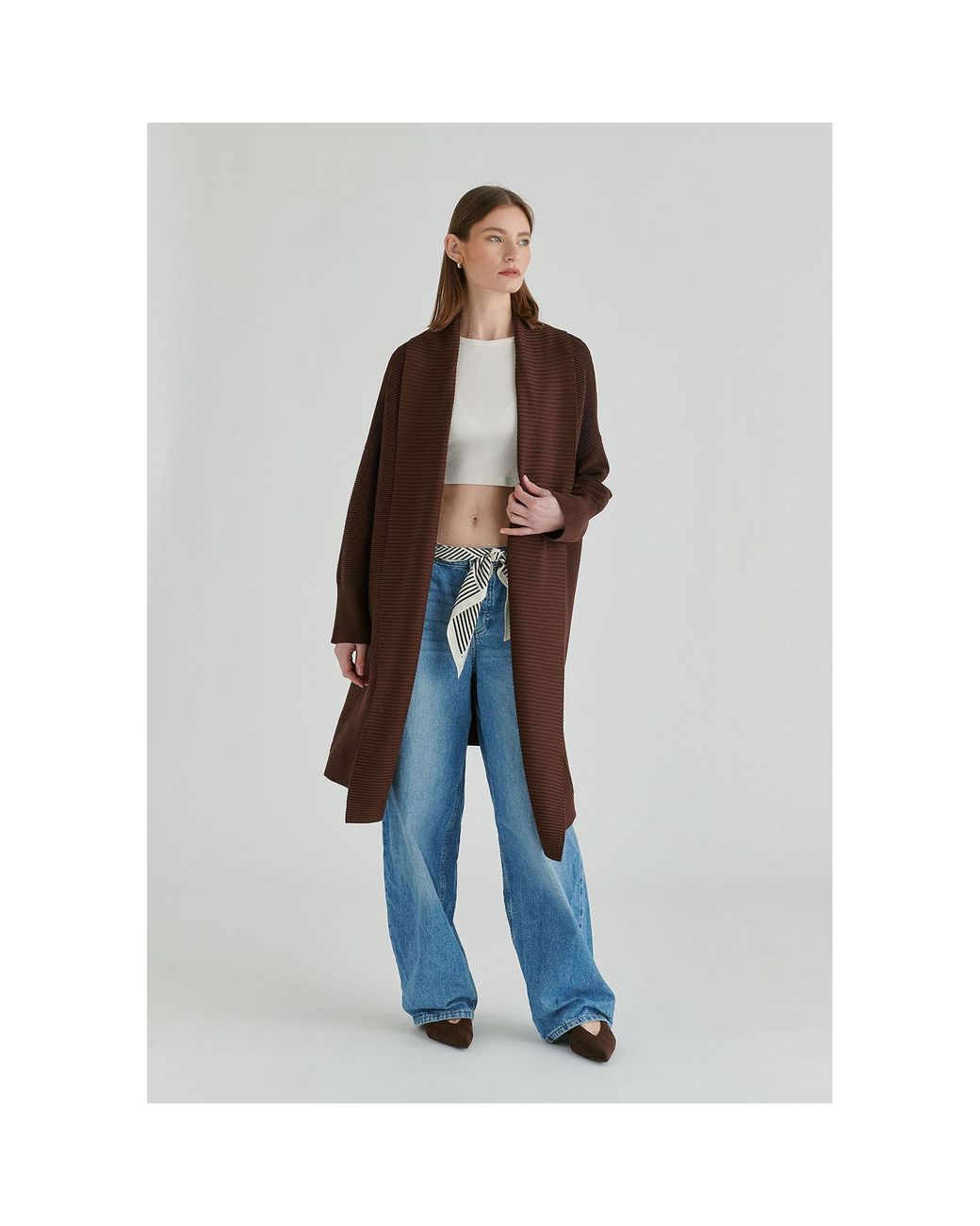 Paisie Brown Draped Collar Ribbed Cardigan