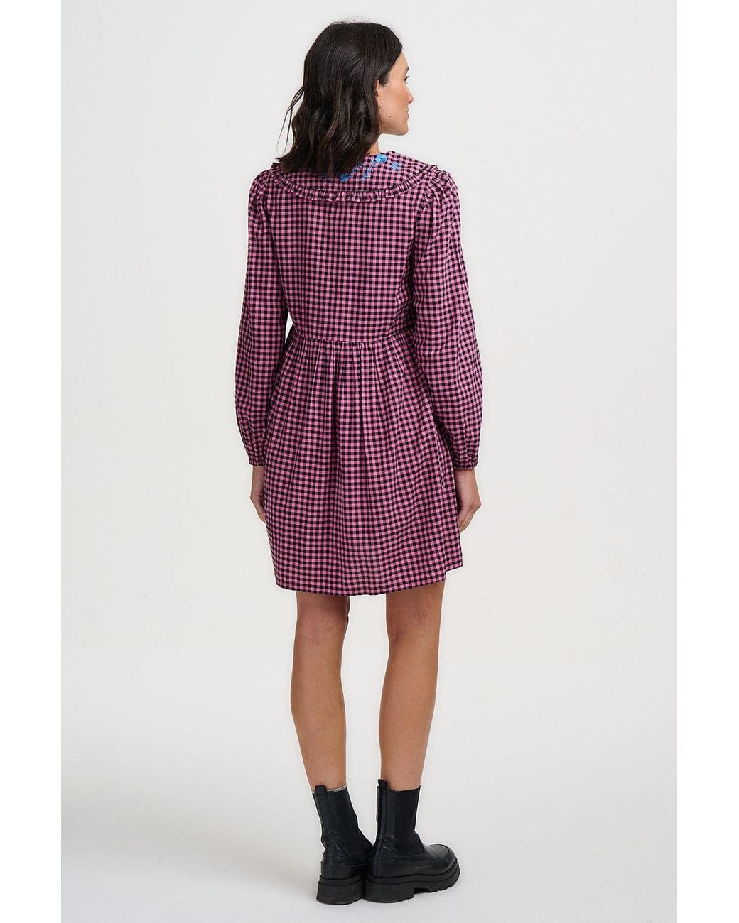 Sugarhill Red Ondrea Short Smock Dress Rose Gingham Floral Embroidery