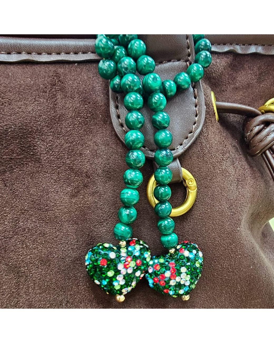 Farra Green Malachite With Rhinestone Heart Open-Ended Versatile Bag Charm