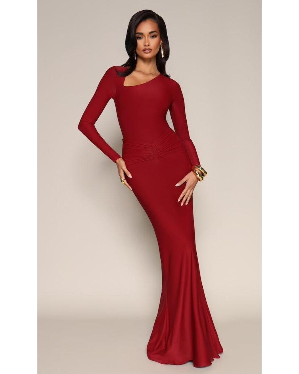 Moda Glam Red Asymmetrical Bodysuit- Burgundy