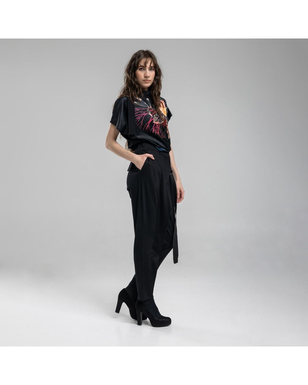 ARTISTA Black Asymmetric Turtleneck Printed Top