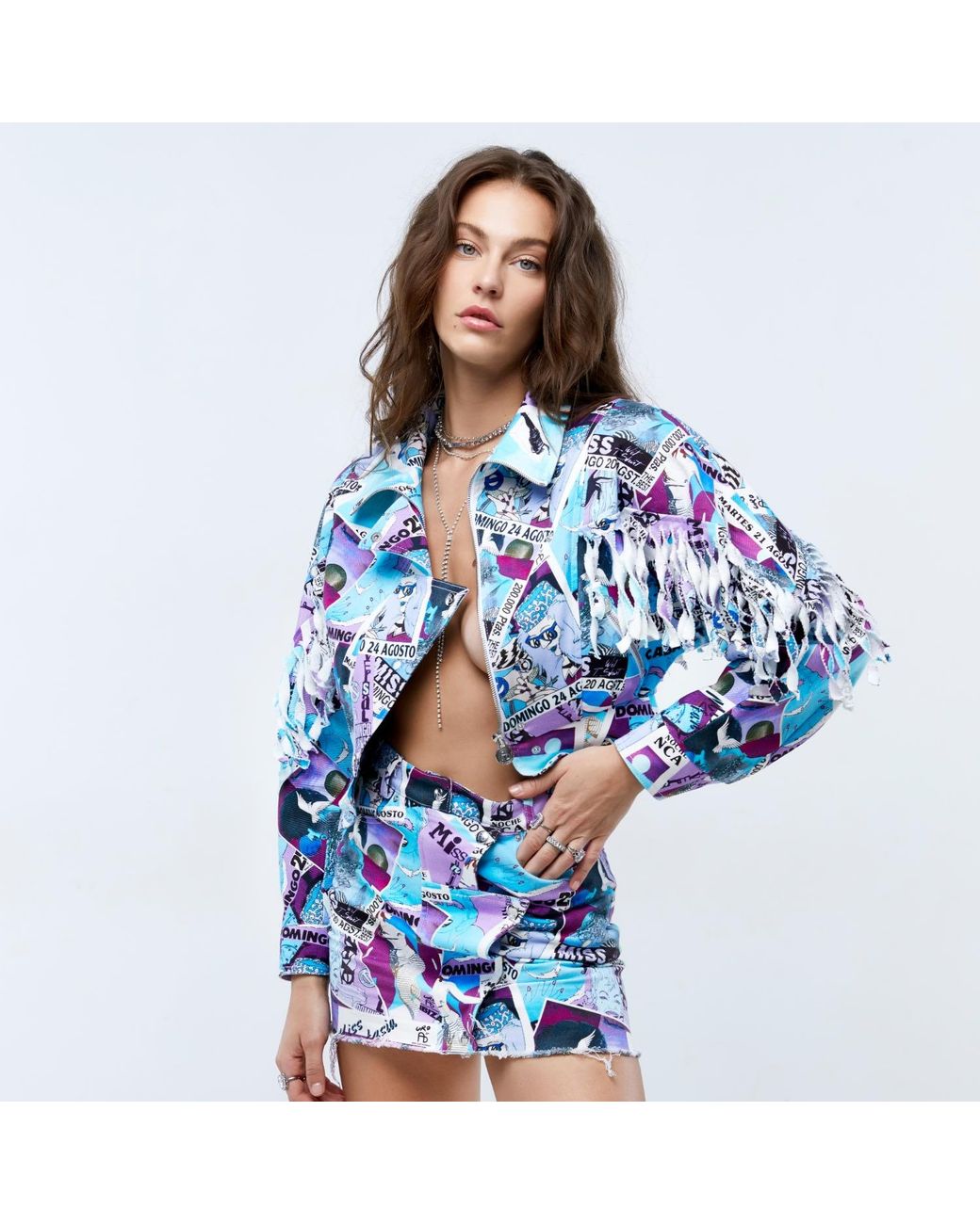 Brenda Agradi Blue Ibiza Style Printed Fringed Bomber Jacket
