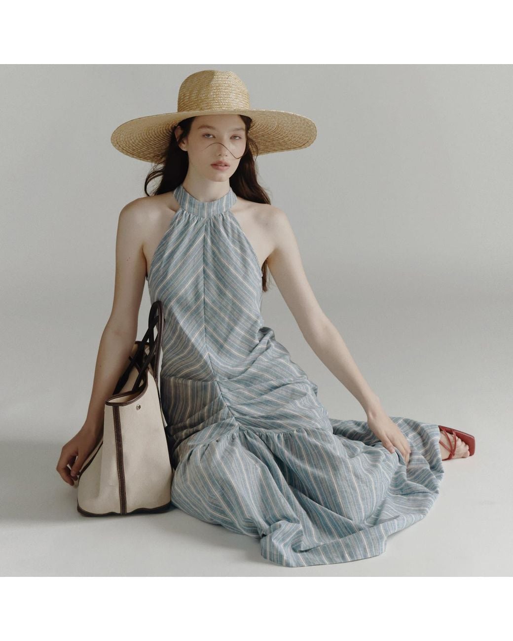 Belsize25 Blue Striped Halterneck Ruched Maxi Dress