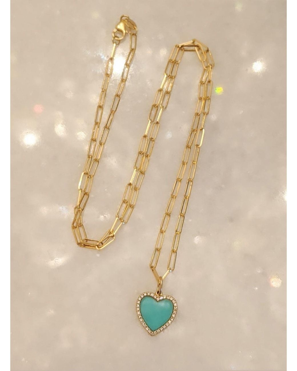 KAMARIA Metallic Heart Necklace With Diamonds On Paperclip Link Chain