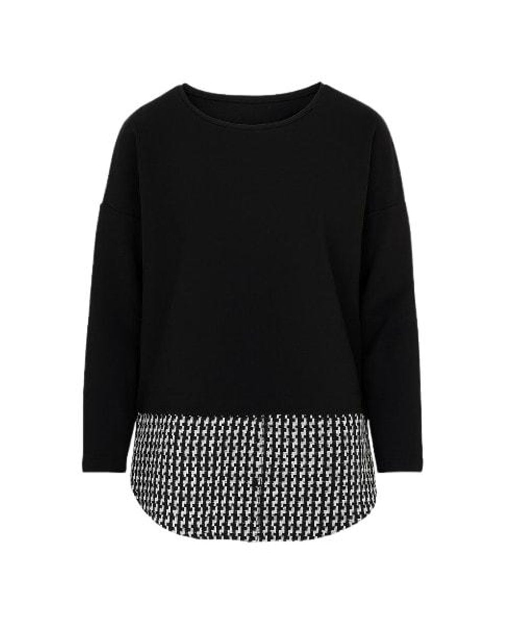 Conquista Black Houndstooth & Button Detail Long Sleeve Top With Optional Shirt Collar By Fashion
