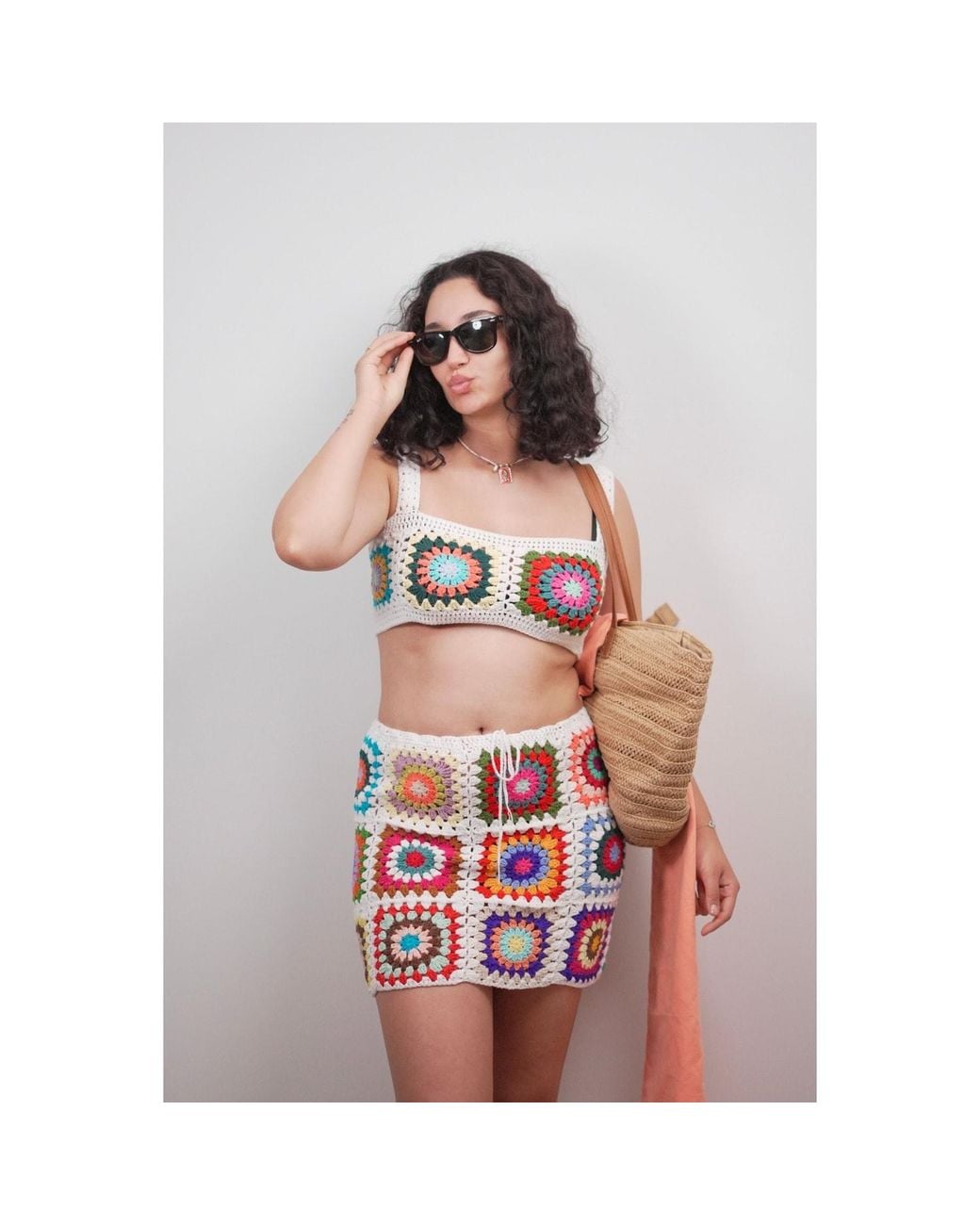 Ana Chic Red Sunburst Granny Square Handmade Crochet Mini Skirt