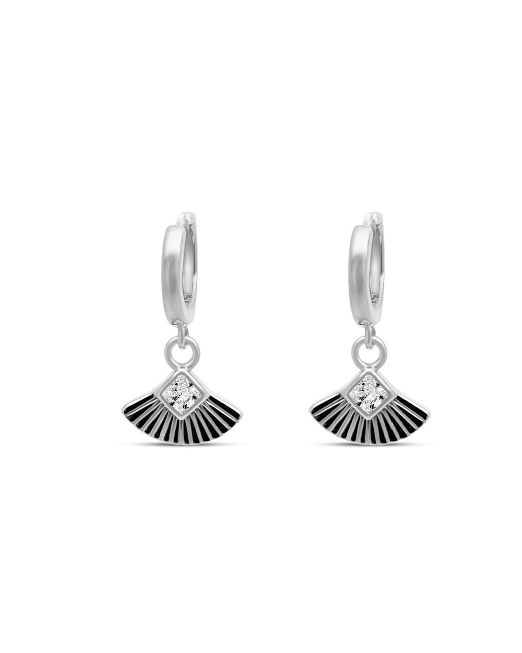 Clemence Wren Metallic Art Deco Gemstone Fan Charm Huggie Earrings