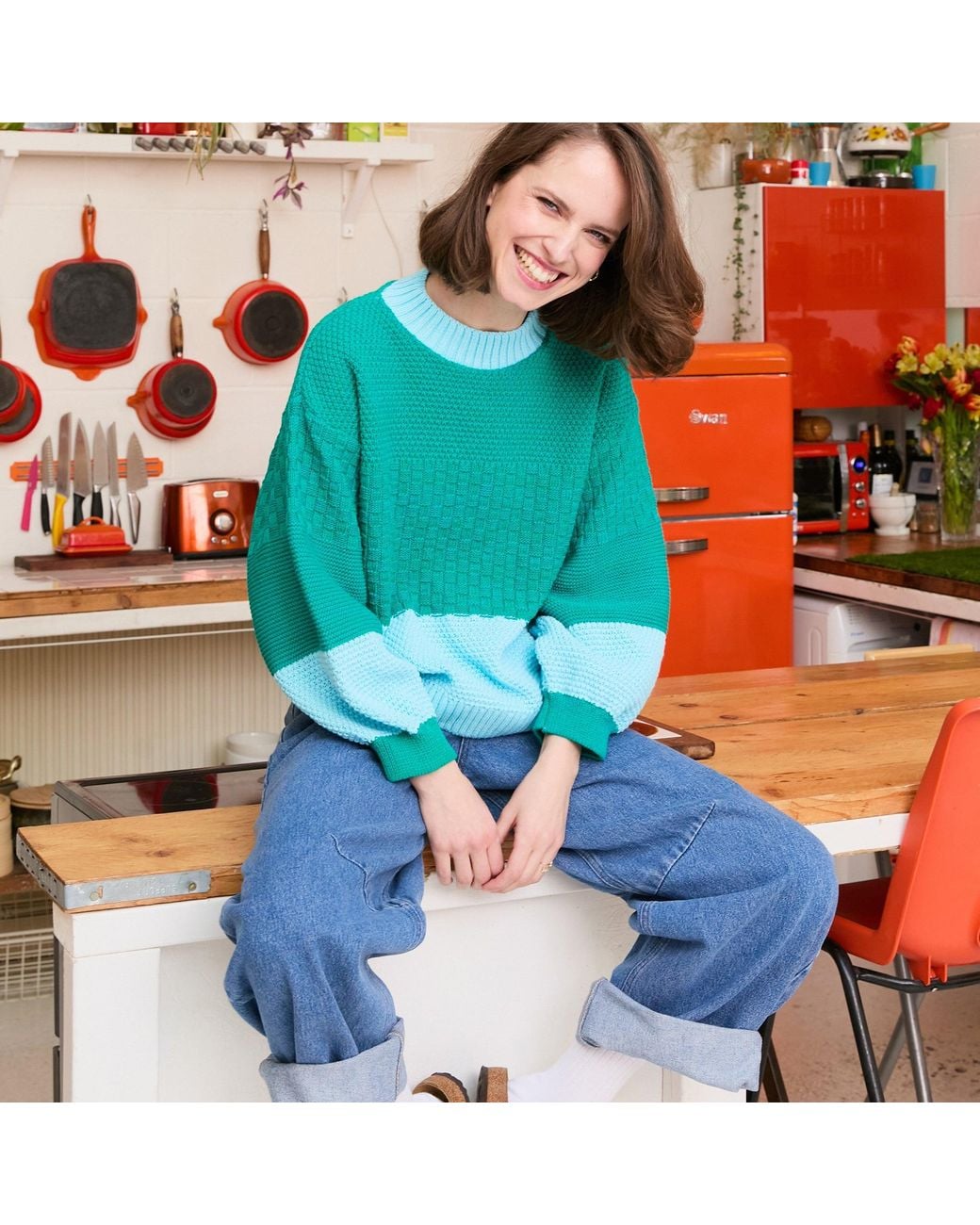 Cara & The Sky Green Taz Colour Block Balloon Sleeve Jumper