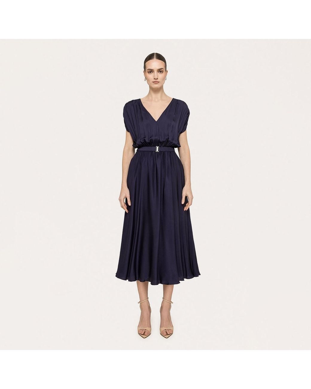 Nissa Blue Belted Viscose Midi Dress