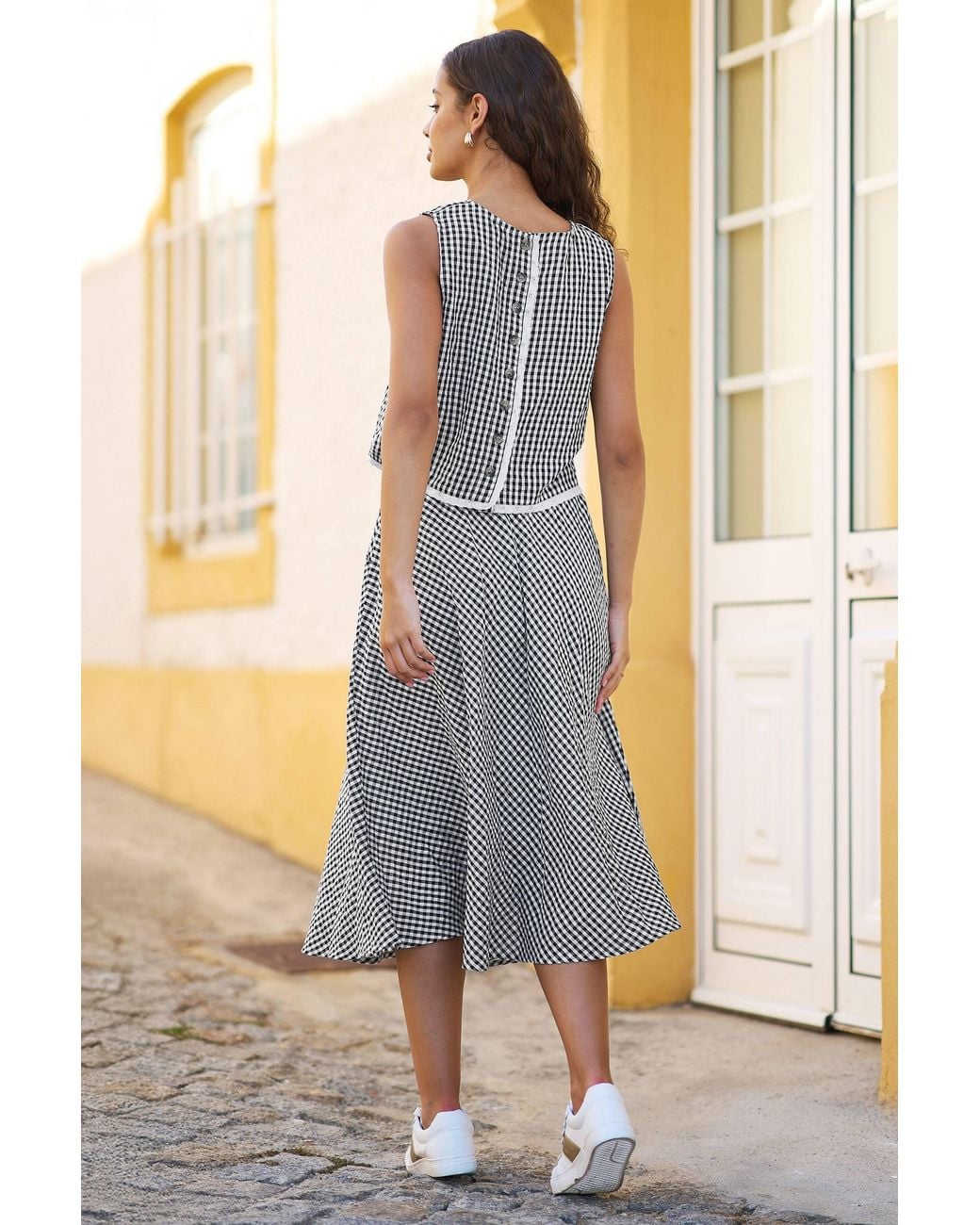 Yumi' Gray Gingham Cotton Midi Skirt