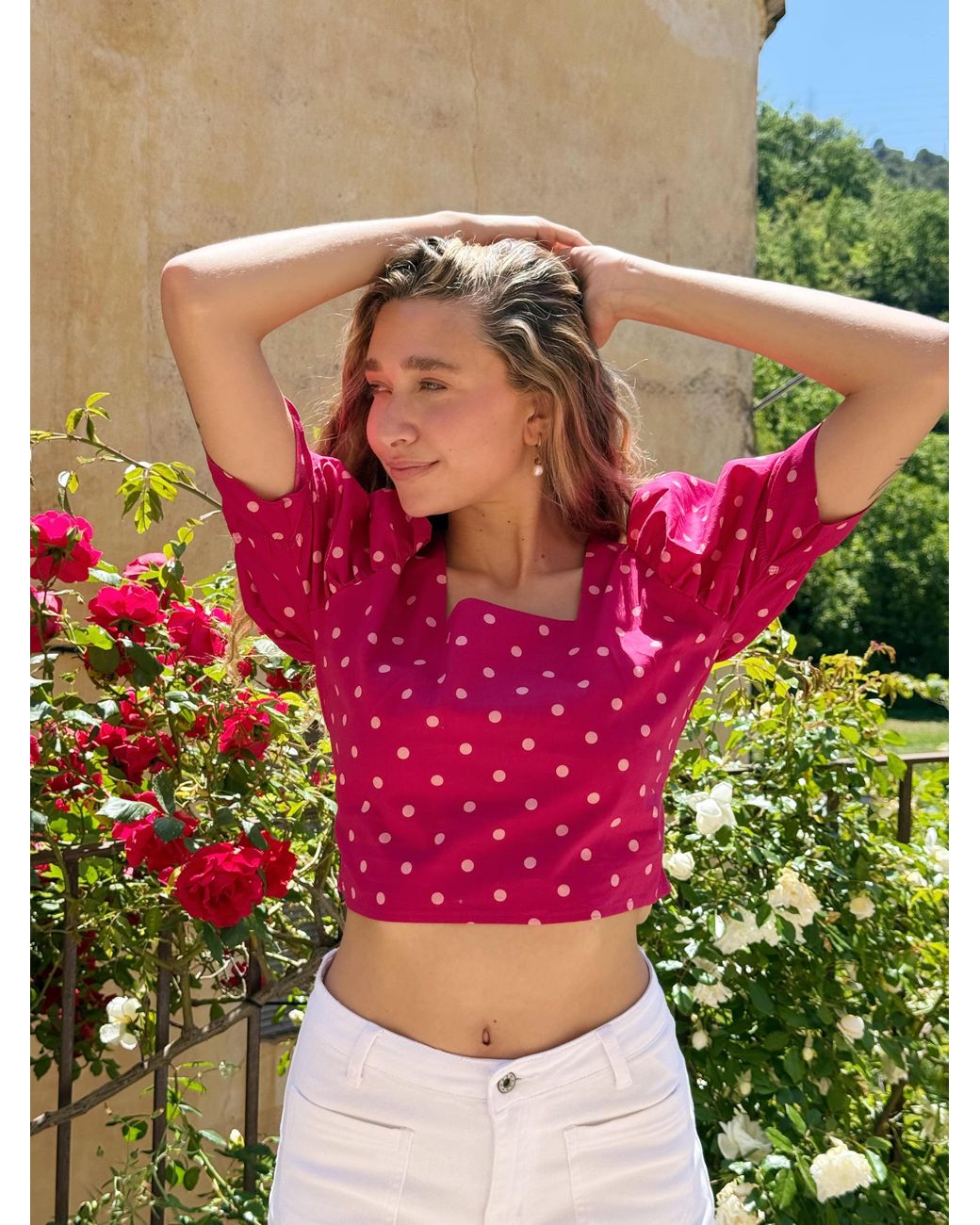 Mind Traveler Pink Carmi Burgundy Polka Dot Blouse