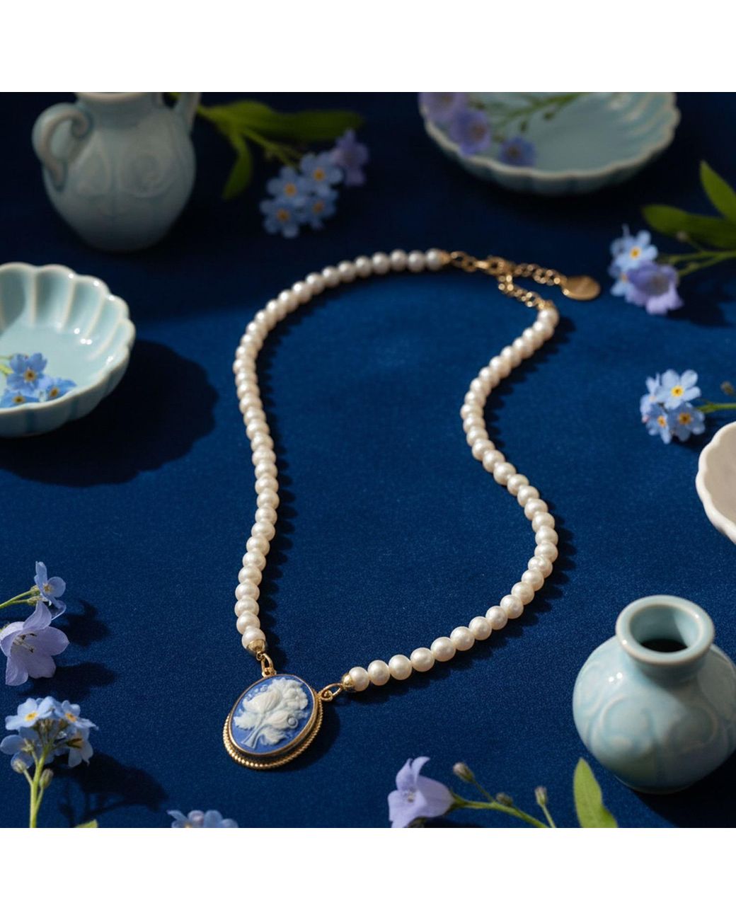 Vintouch Italy Blue Wildflower Cameo Necklace With Pearls