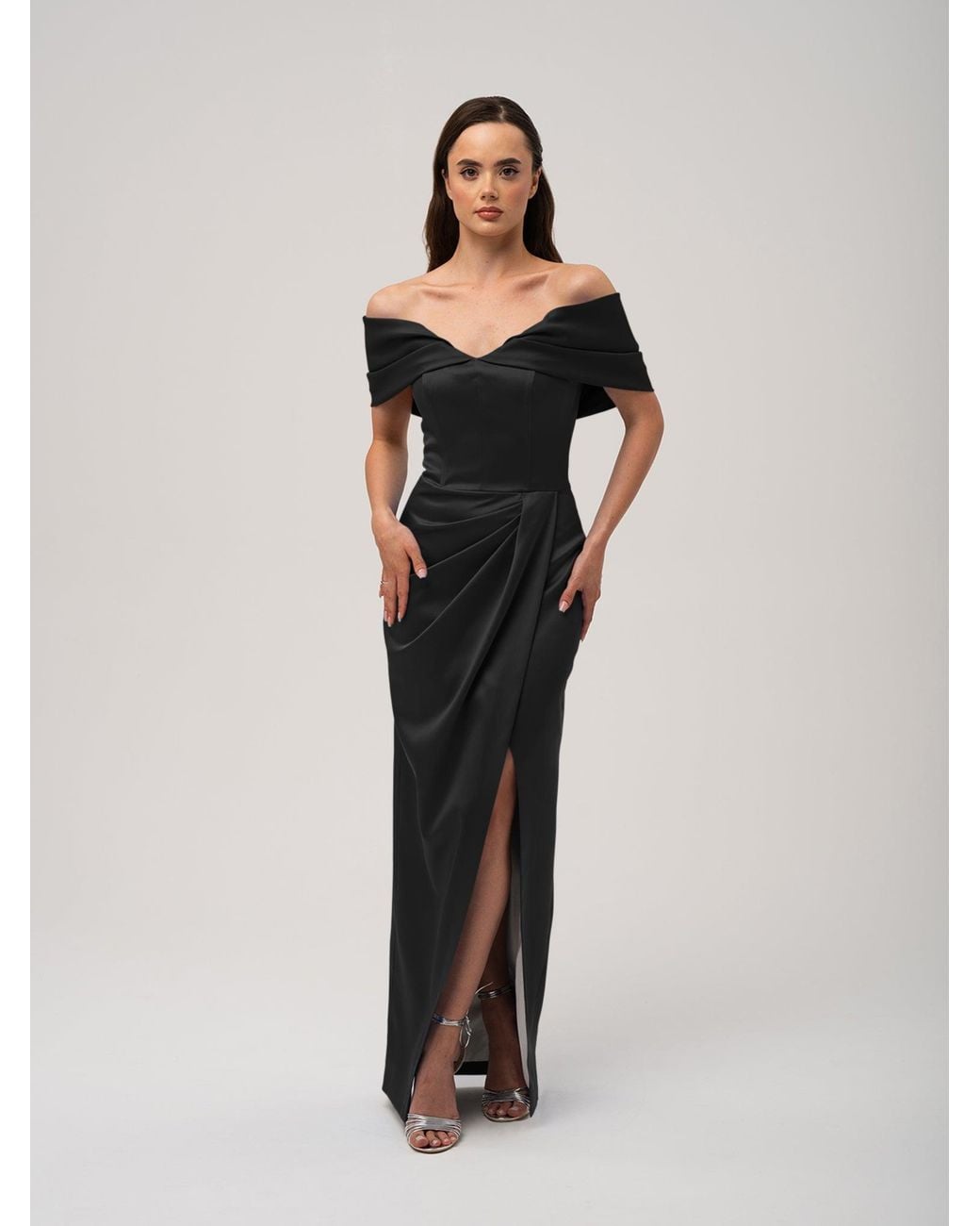 Tia Dorraine Black Heavenly Kissed Draped Satin Maxi Dress