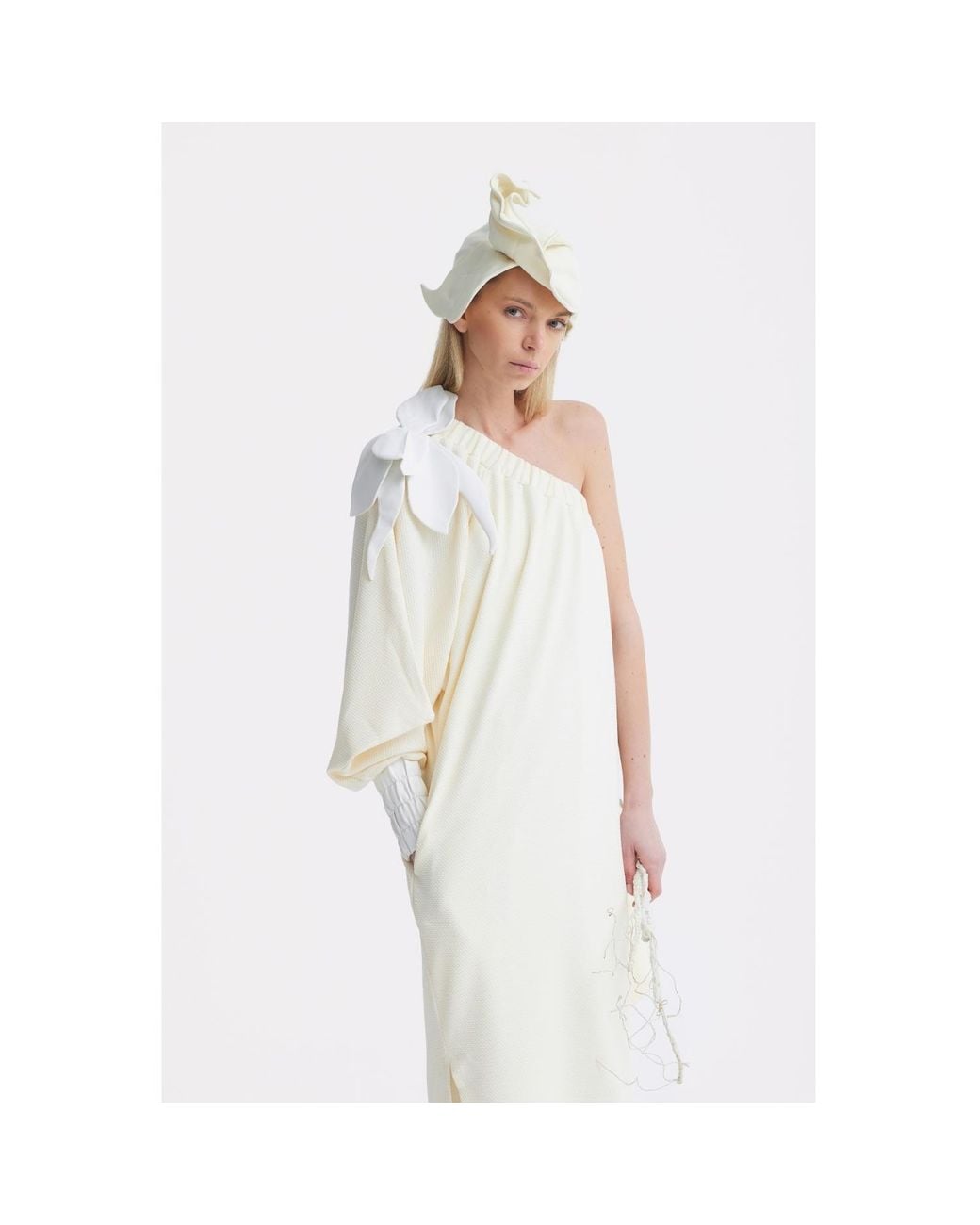 Julia Allert Natural Neutrals Cocktail One-Shoulder Midi Dress Ecru
