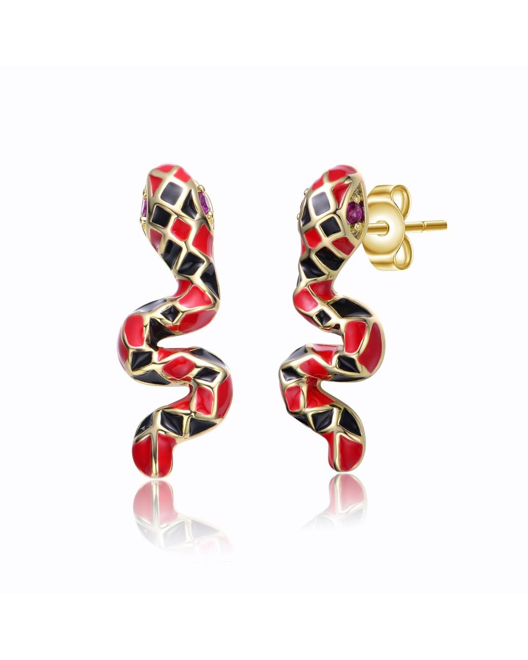 Genevive Jewelry Red Plated With Ruby Cubic Zirconia & Enamel Three-D Slithering Curling Snake Earrings