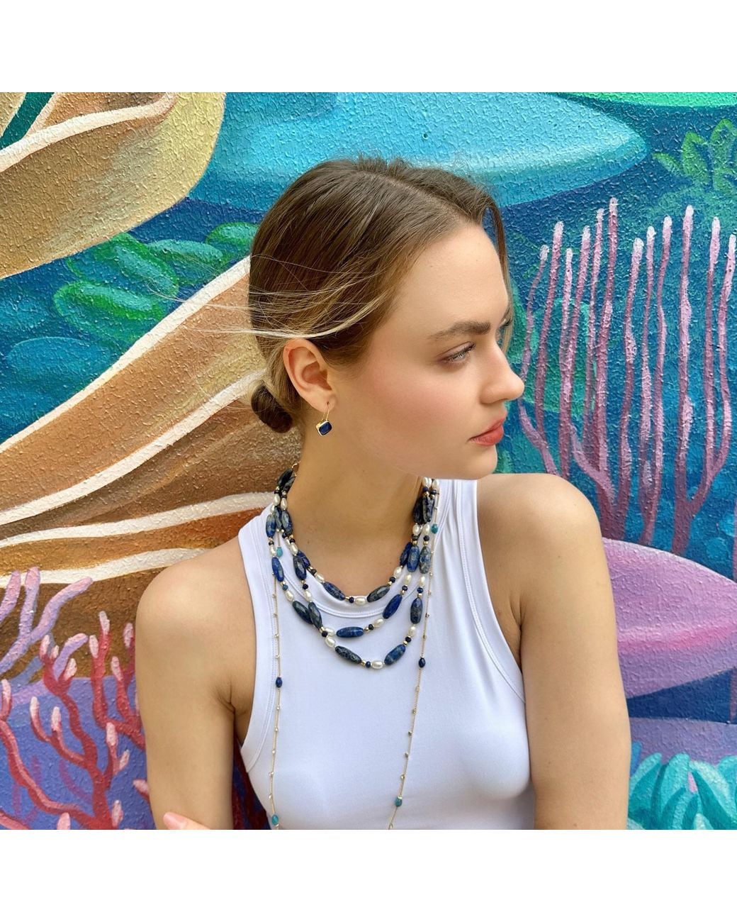 Farra Blue Lapis With Freshwater Pearls Multi-Layers Necklace