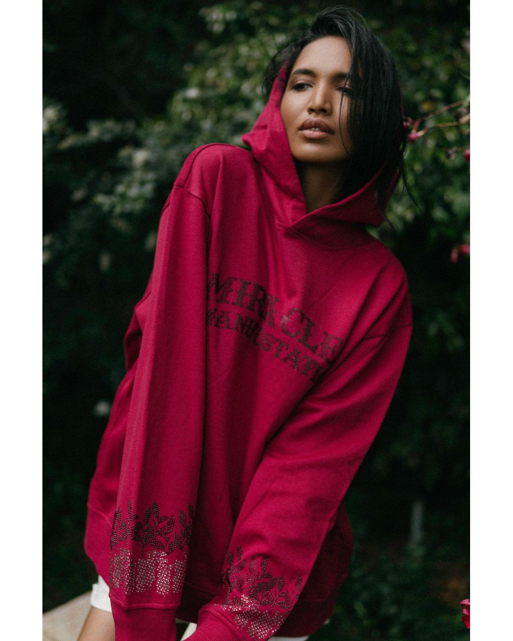 Miracles Manifester Red Positive Affirmation Hoodie With Rhinestone Design