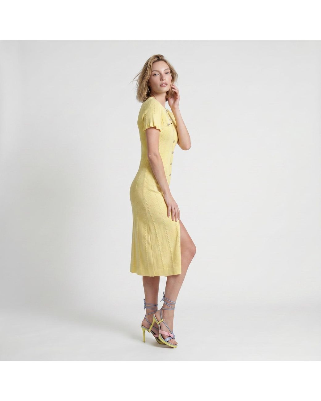 Modenaire Yellow Ribbed Knit Midi Dress