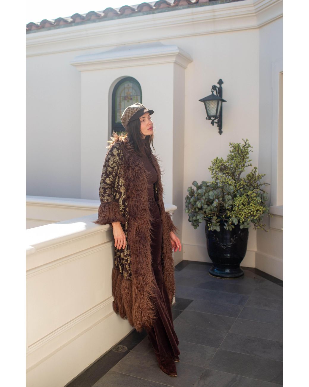 Jennafer Grace Brown Penny Deluxe Filigree Morena Faux Fur Trim Coat