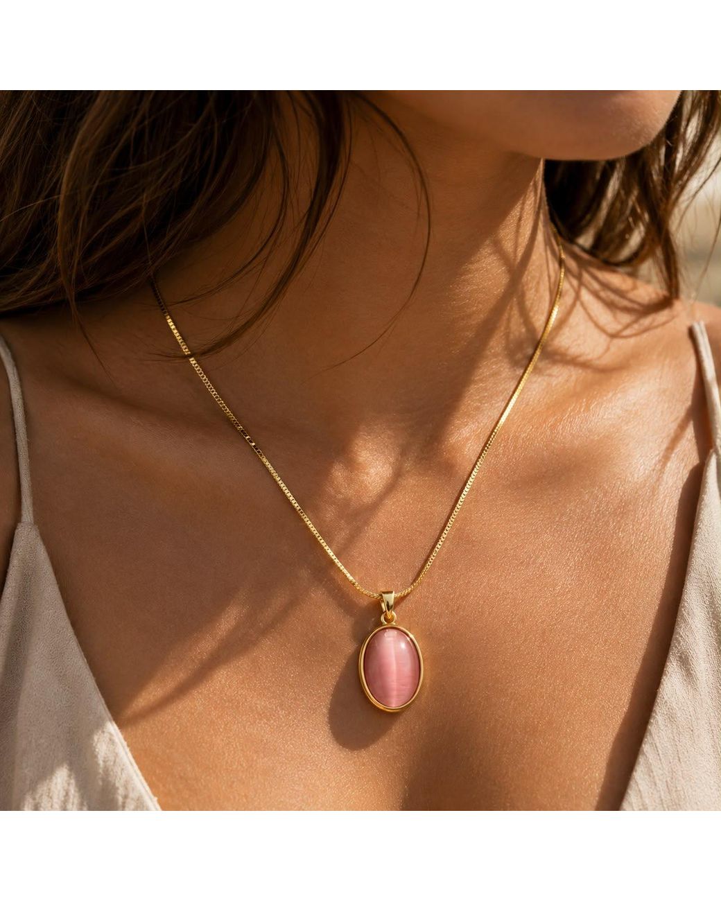 By Ozge Metallic Cat's Eye Plated Long Necklace