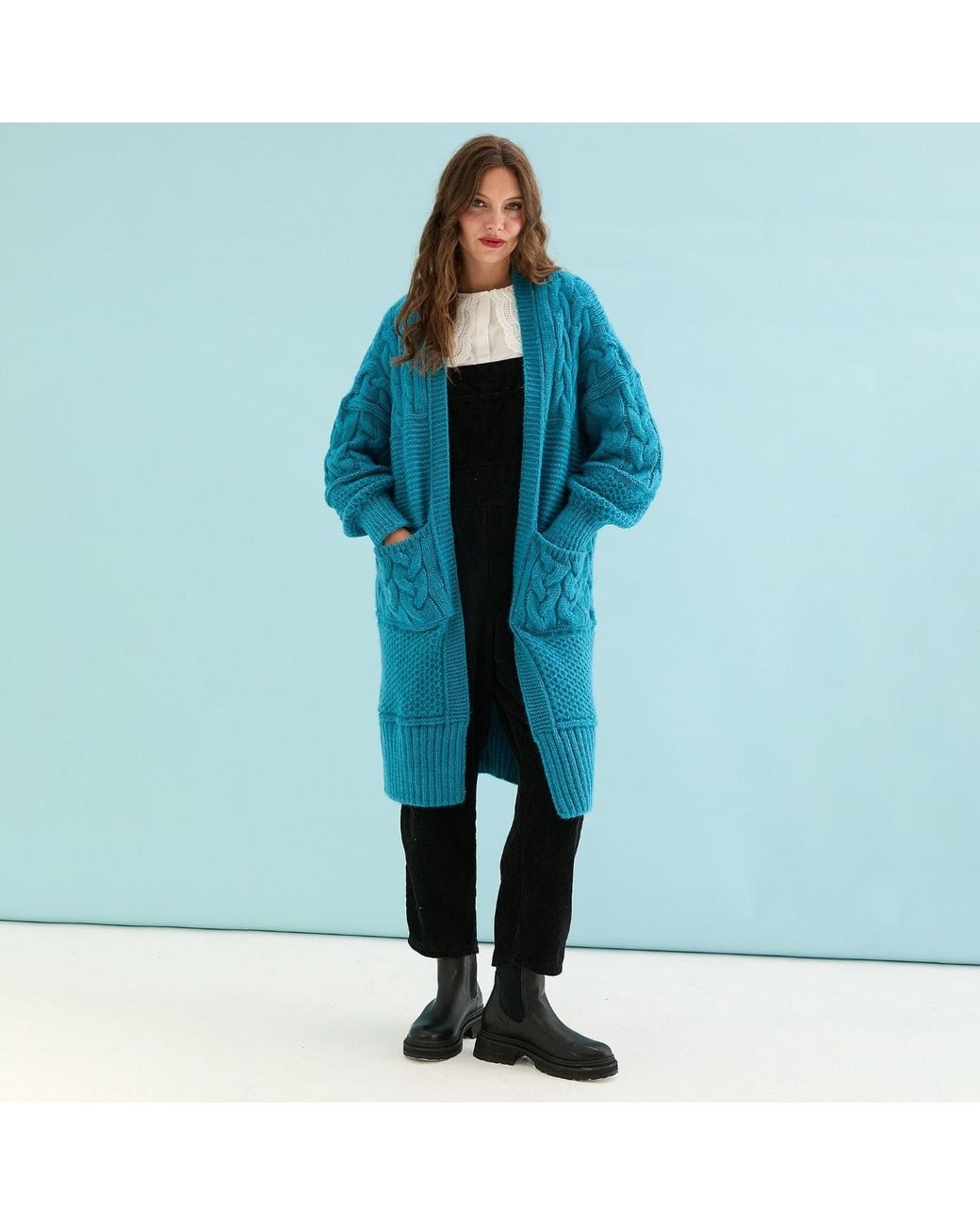 Cara & The Sky Blue Alex Balloon Sleeve Cable Maxi Cardigan
