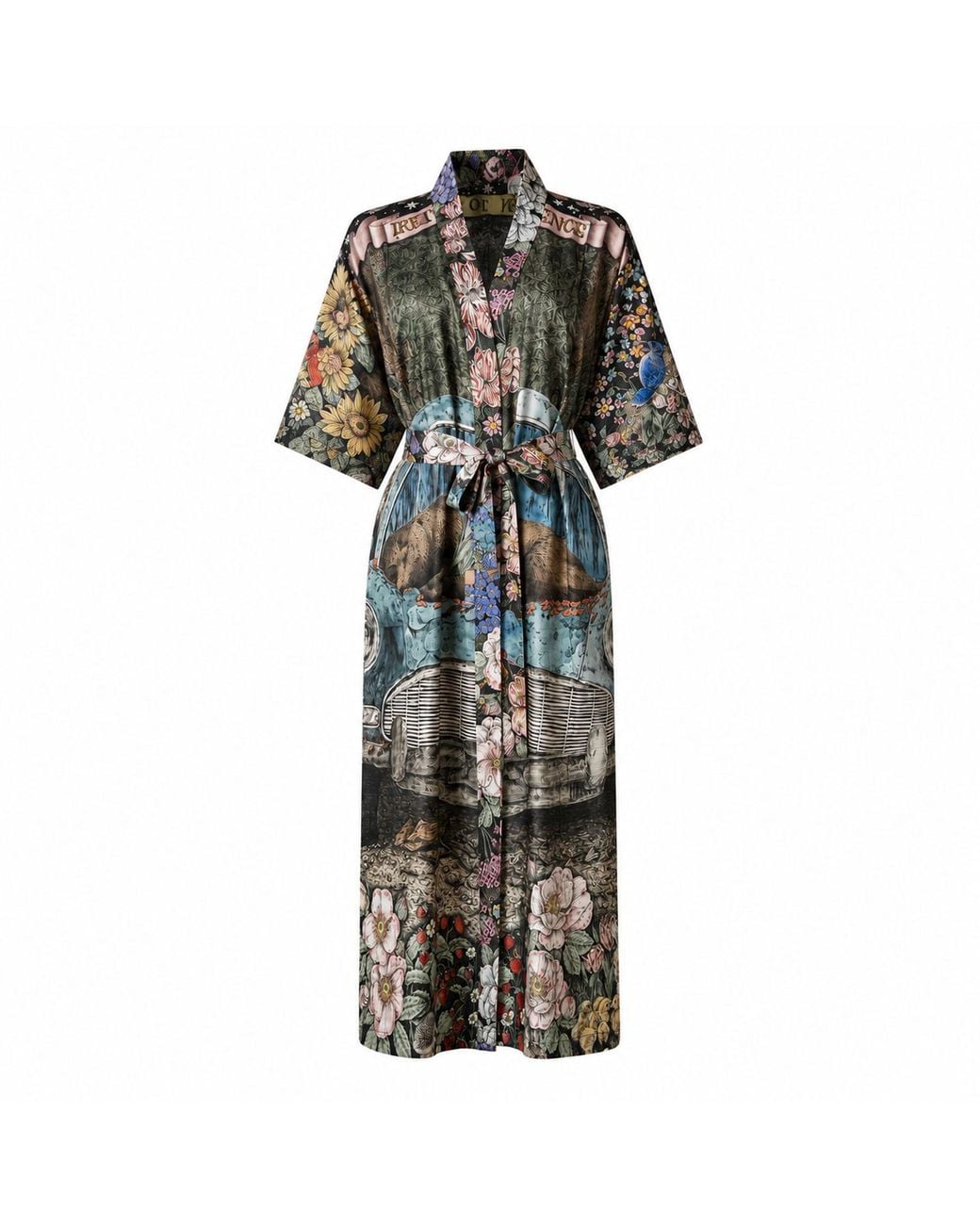Wenzi Purple Return To Silence Double Sided Mulberry Silk Kimono Robe Reversible Luxury Floral Bear Bird Print Long Robe