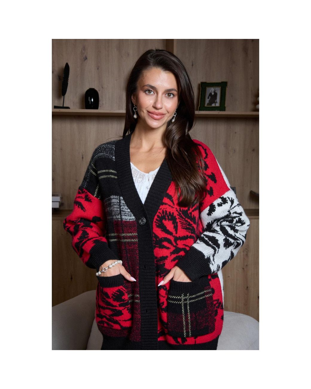 Saachi Red Floral Plaid Cardigan