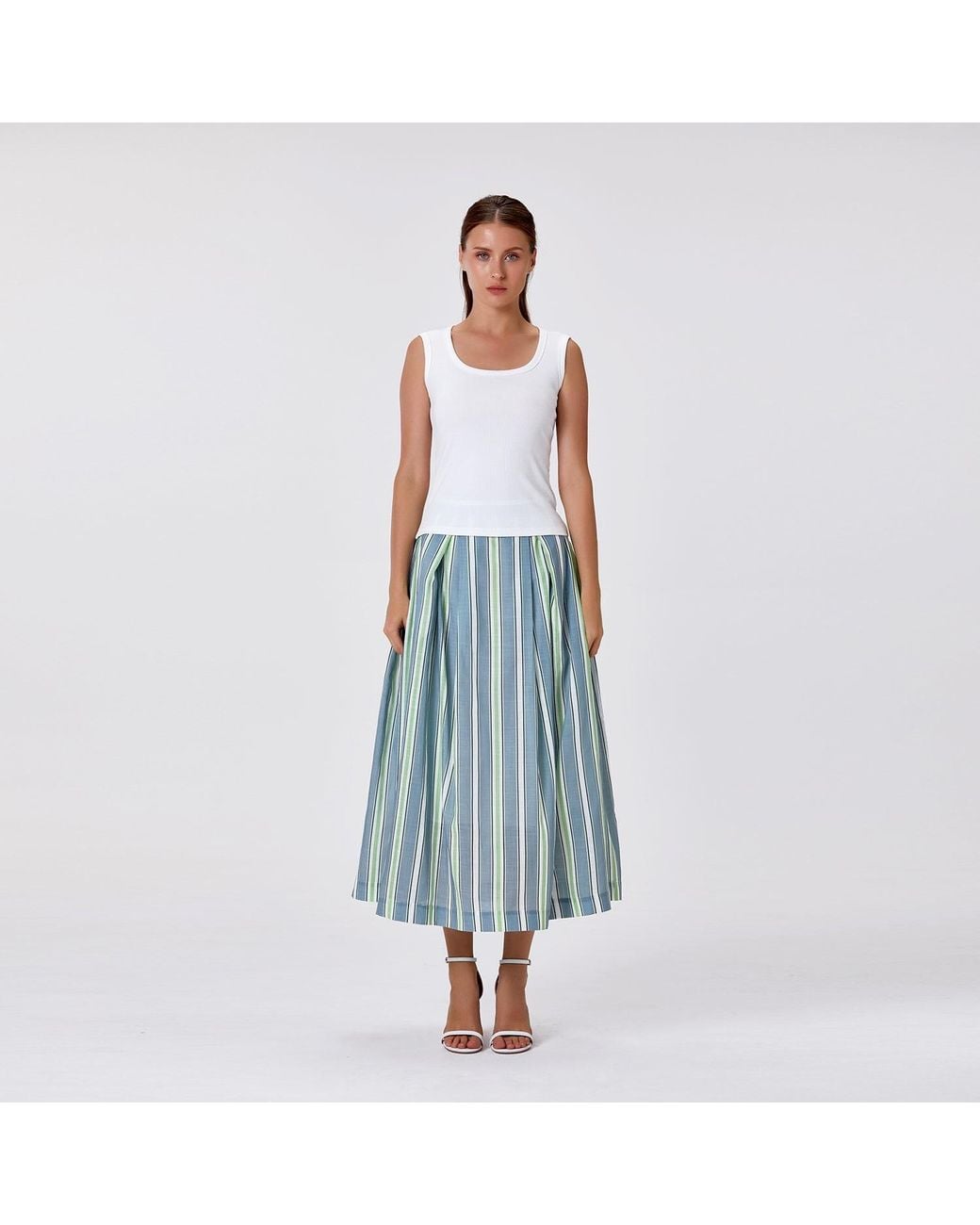 Smart and Joy Brown Striped Midi Skirt With Cotton Lining
