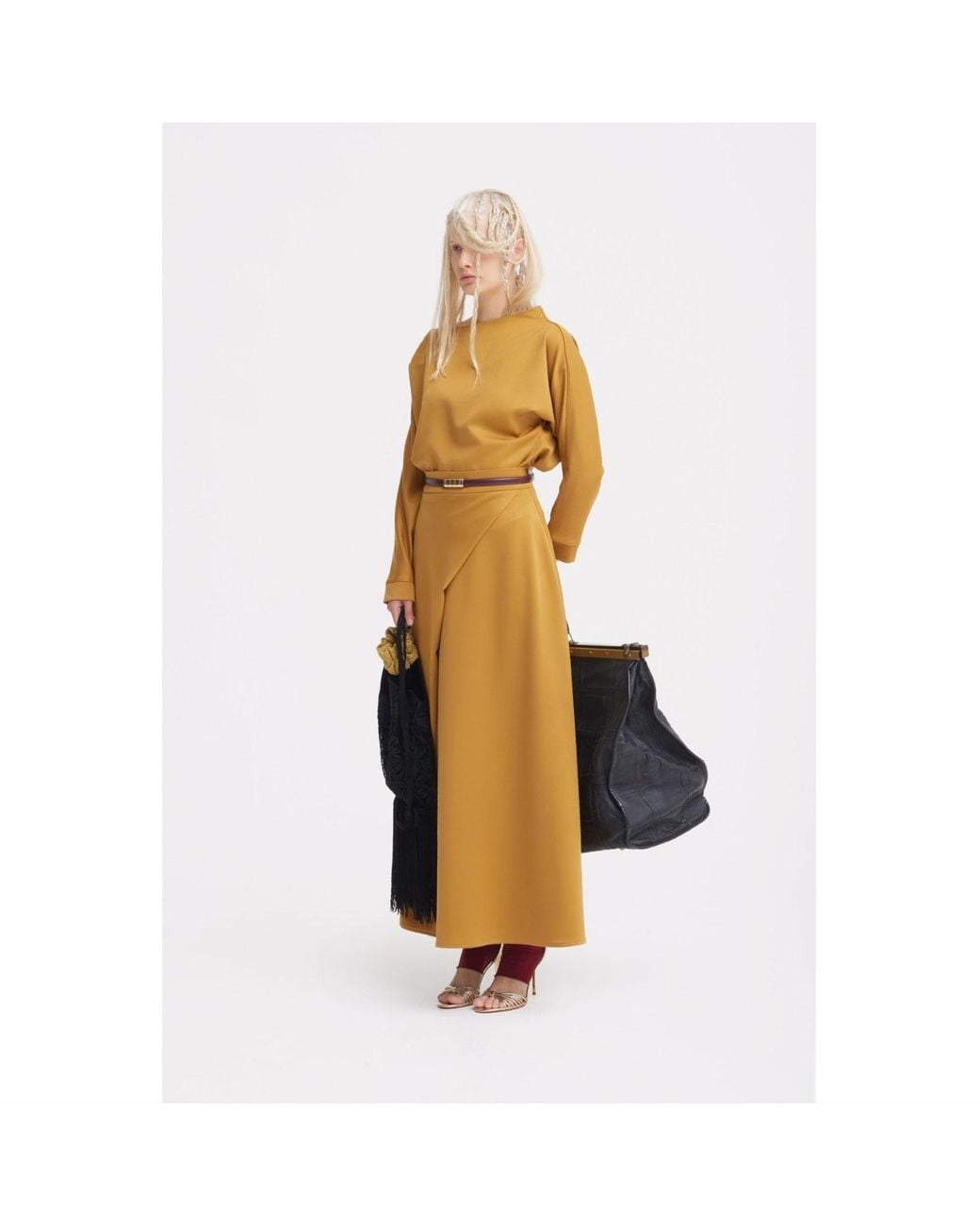 Julia Allert Brown Draped Boat-Neck Blouse & Wrap Midi Skirt Set – Mustard