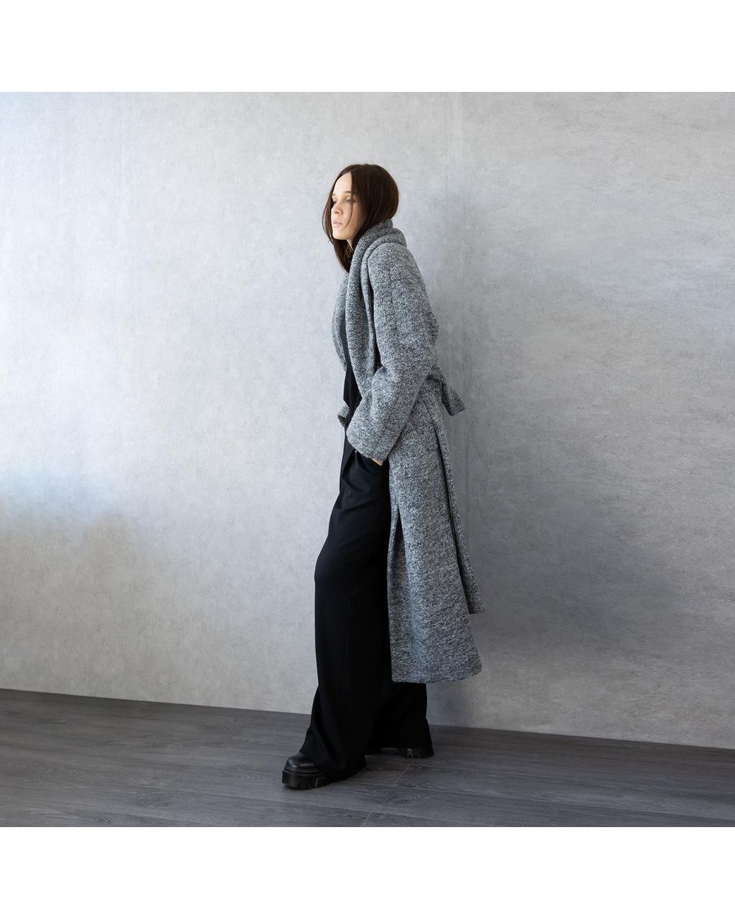 Jana Coshè Gray Melange Wool Belted Coat – Long Soft Robe-Style Outerwear