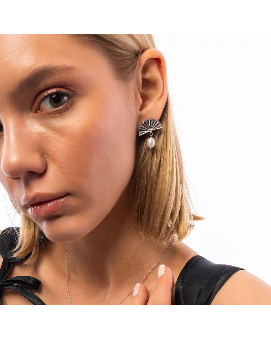 Spero London Metallic Fine Diamond Sterling Pearl Drop Fan Earrings