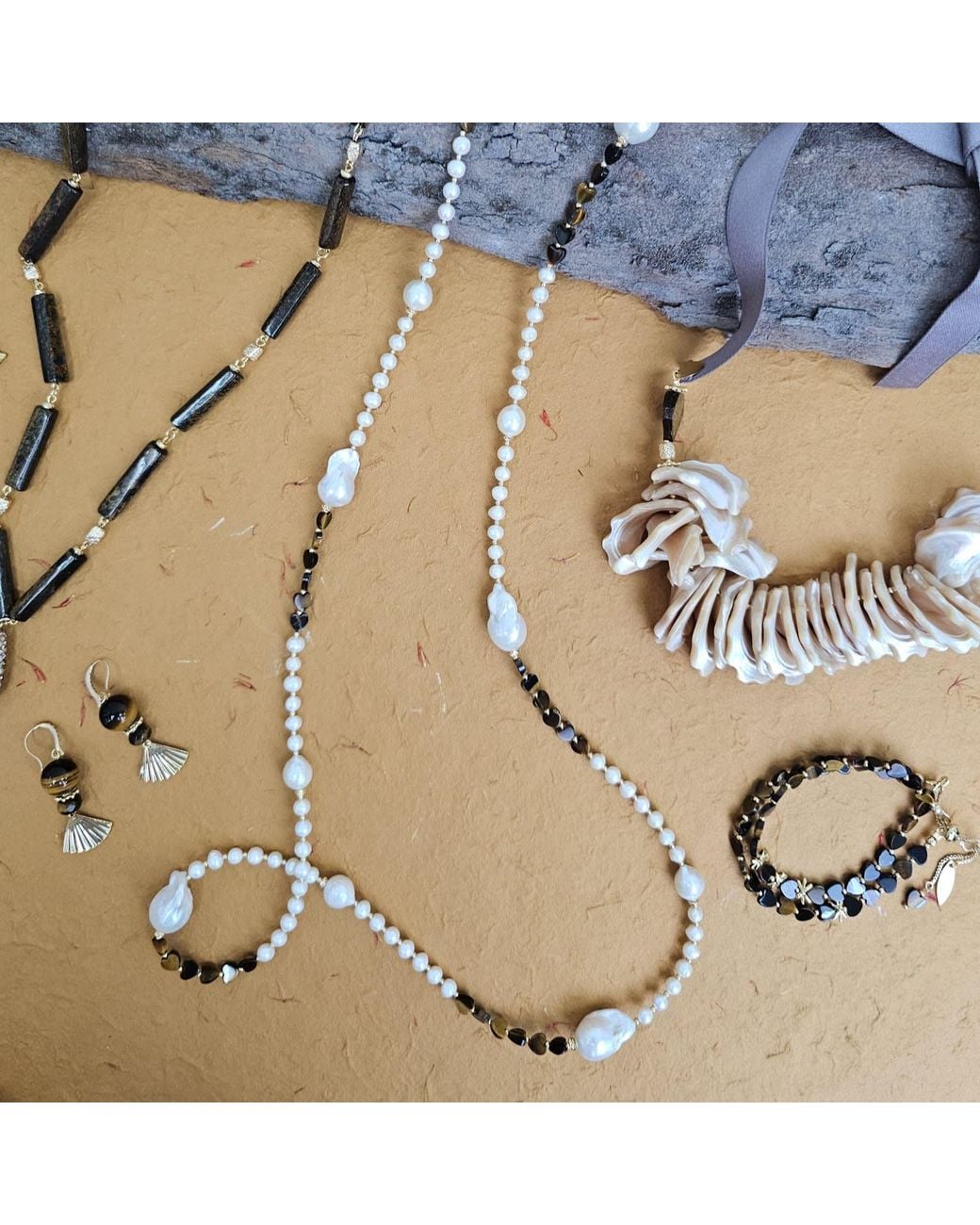 Farra Metallic Baroque Freshwater Pearls With Heart Tiger-Eye Stone Long Necklace