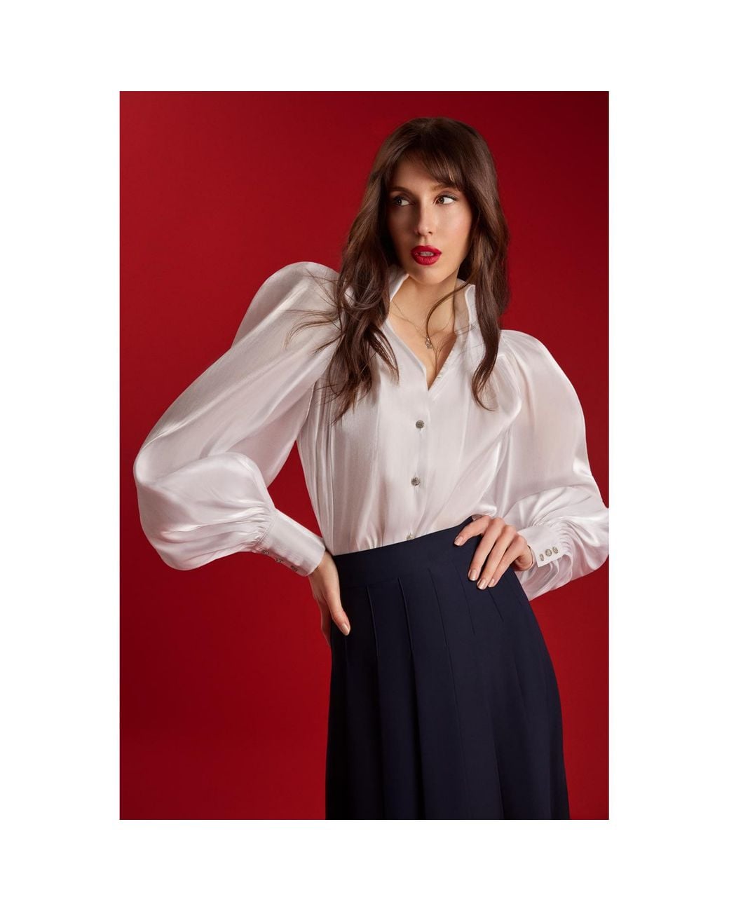Femponiq White Puff Sleeve V-Neck Gathered Shirt