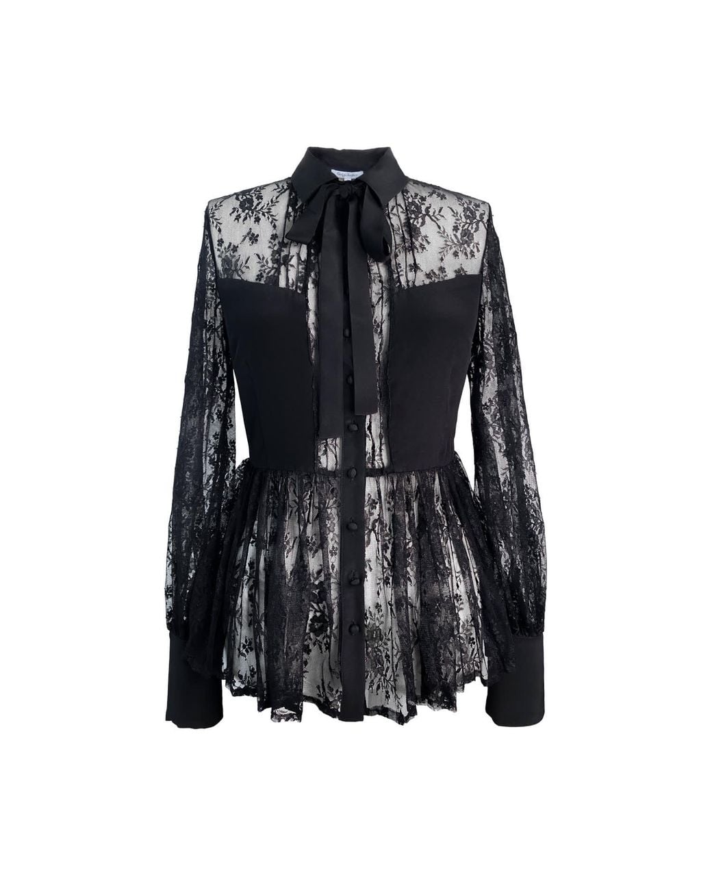 Solgo Atelier Black Laelia Pleated Lace Silk Blouse
