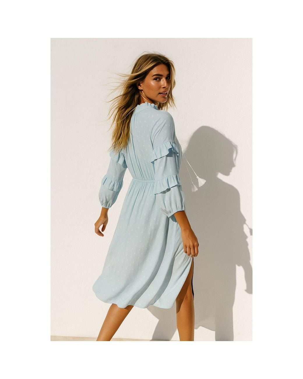 2KStyle Blue Alexa Ruffled Floral Print Viscose Midi Dress With Tassels