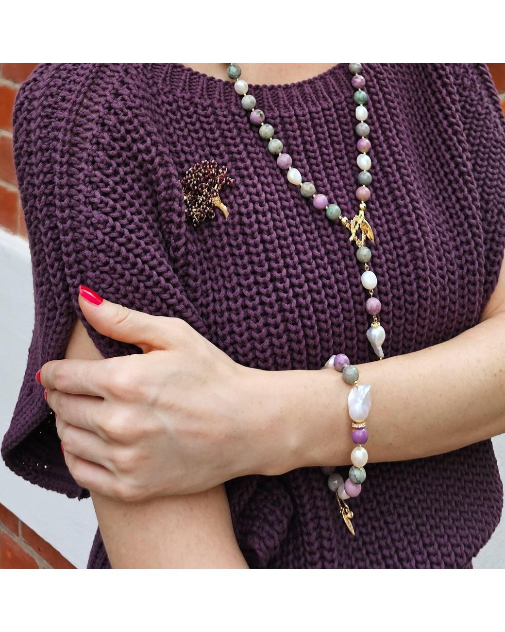 Farra Metallic Gemstone With Baroque Pearl Bracelet
