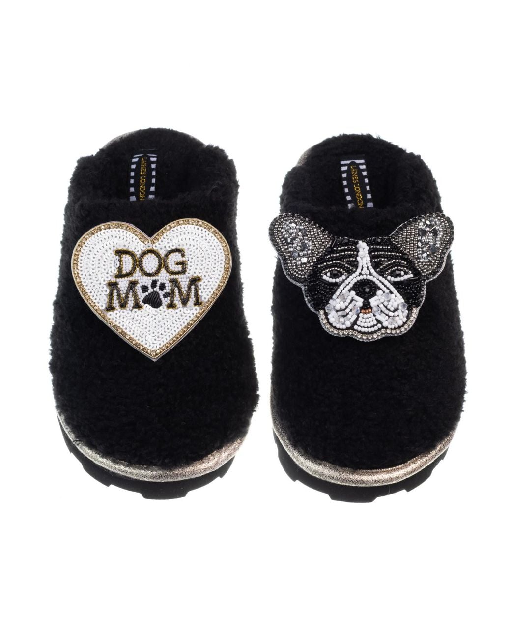 Laines London Black Teddy Closed Toe Slippers With Coco The Frenchie & Dog Mum Mom Brooches