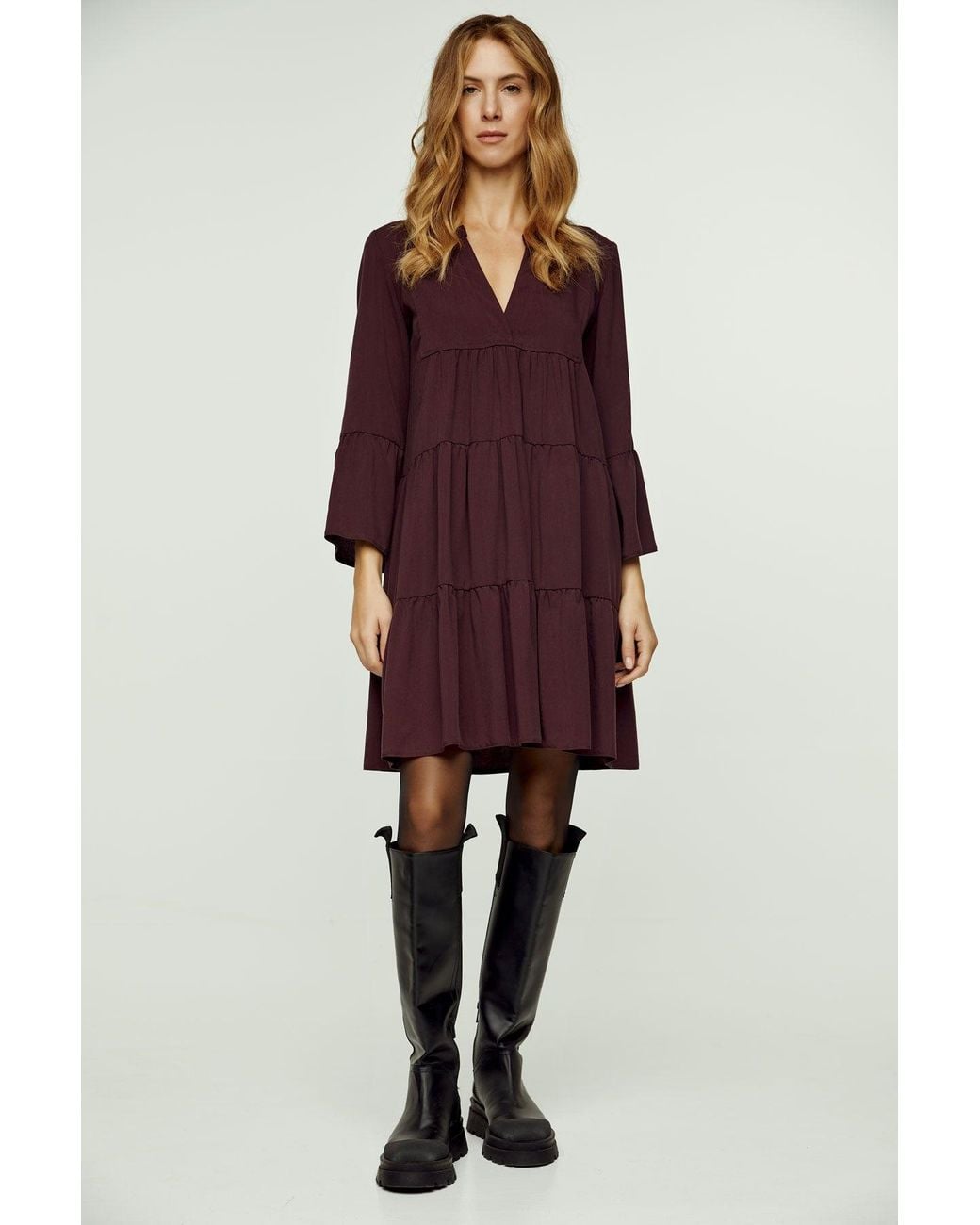 Conquista Purple Dark Burgundy Tencel Gathered Seams Dress