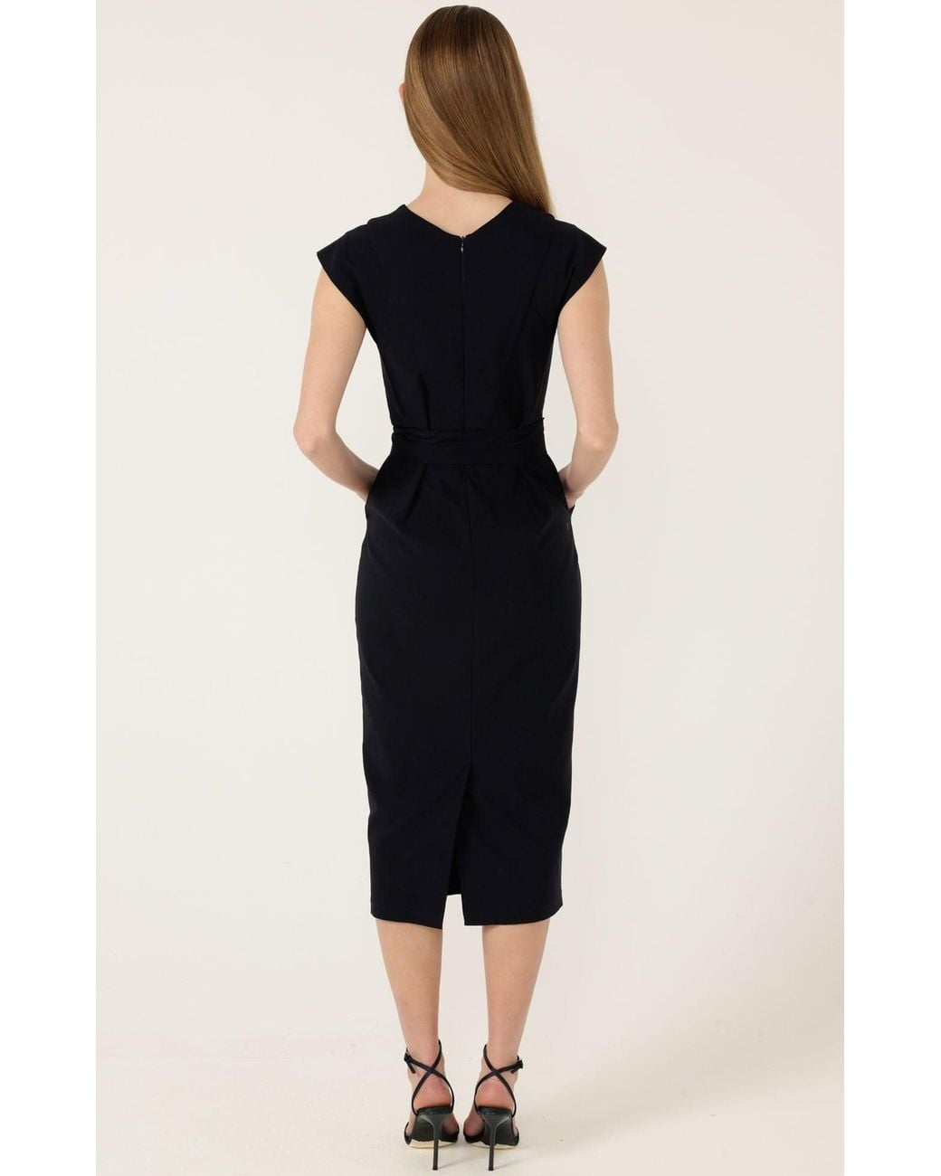 SACHA DRAKE Black Zip Front Stretch Fitted Midi Dress