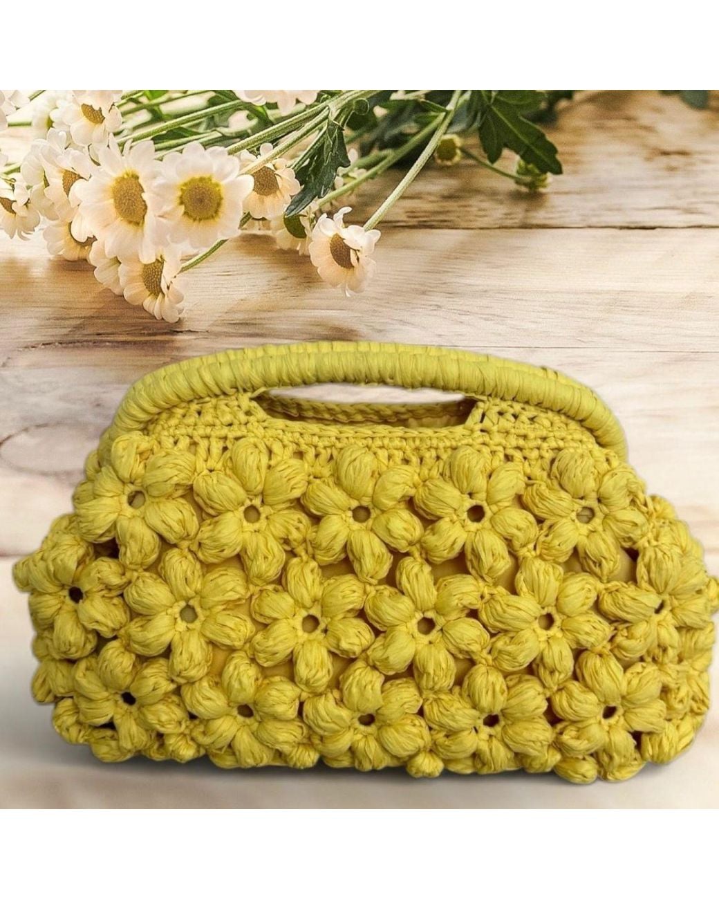 Springmoonatelier Yellow Luxury Handmade Raffia Daisy Crochet Bag – Summer Statement Handbag With Lining And Pocket