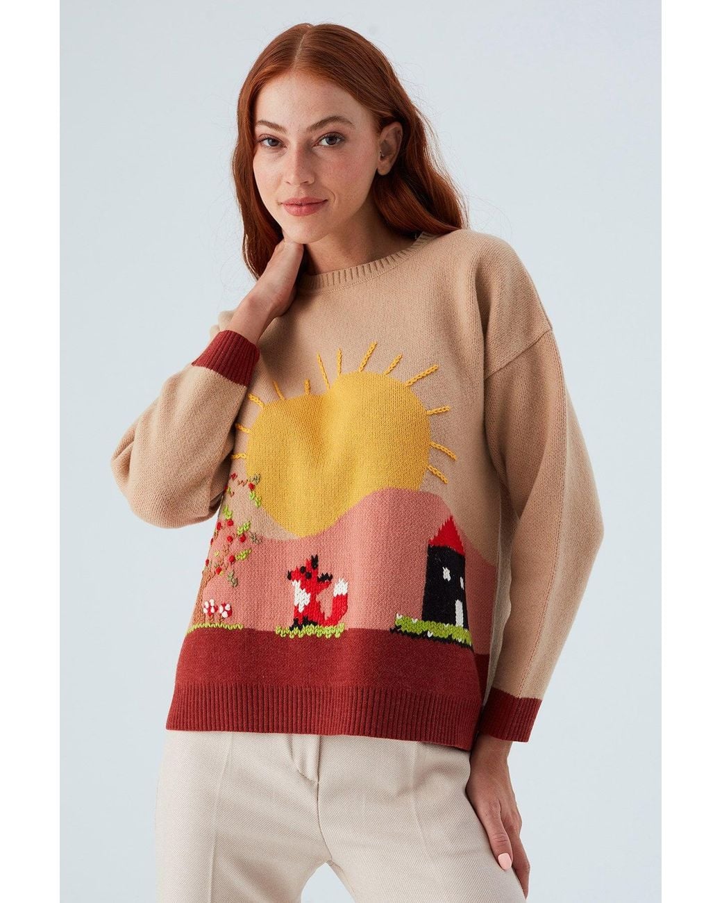 Peraluna Orange Sunny Hand Embroidered Pullover