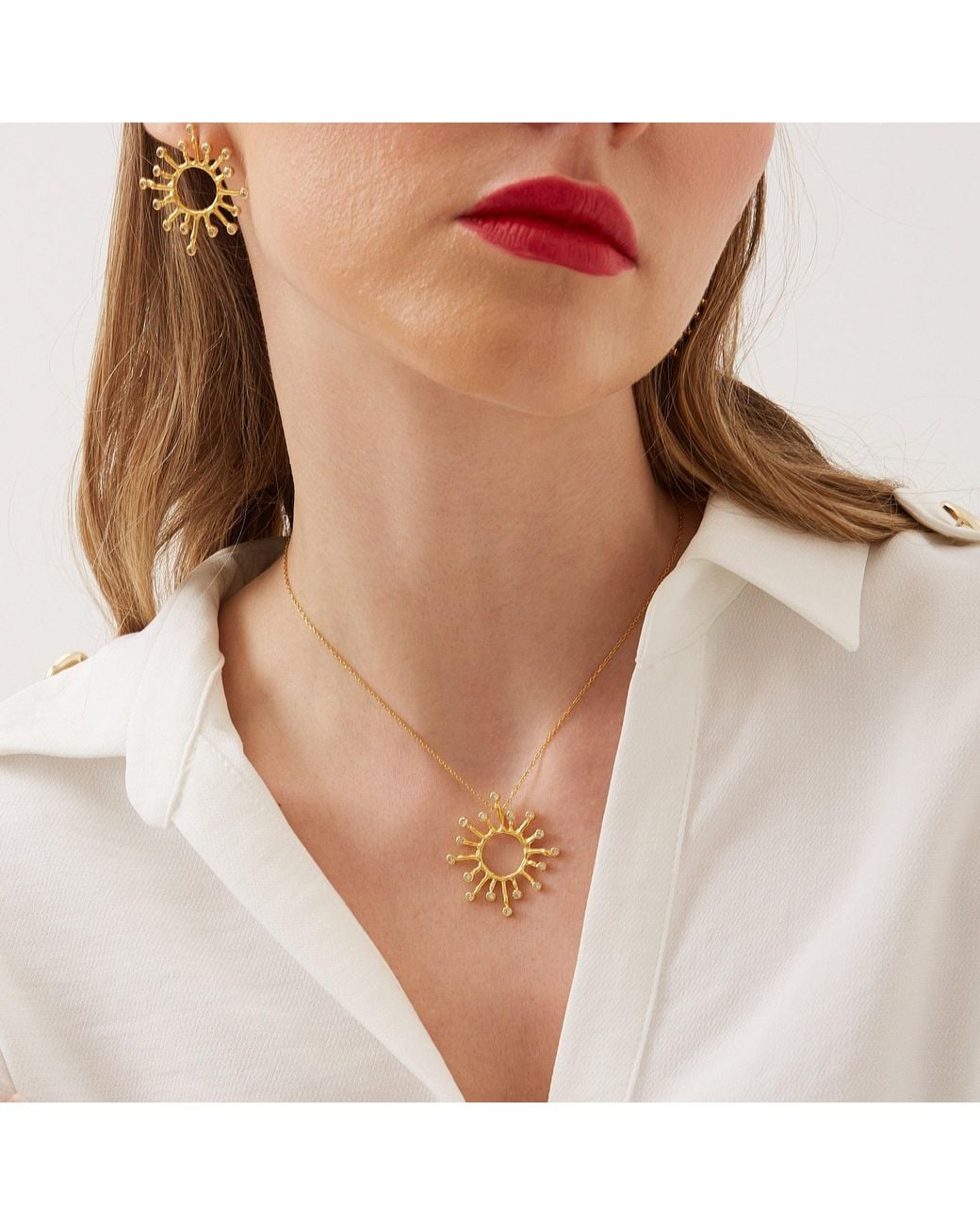 Spero London Metallic Sun Sunburst Large High Quality Crown Natural Textured Molten Sterling Pendant Necklace