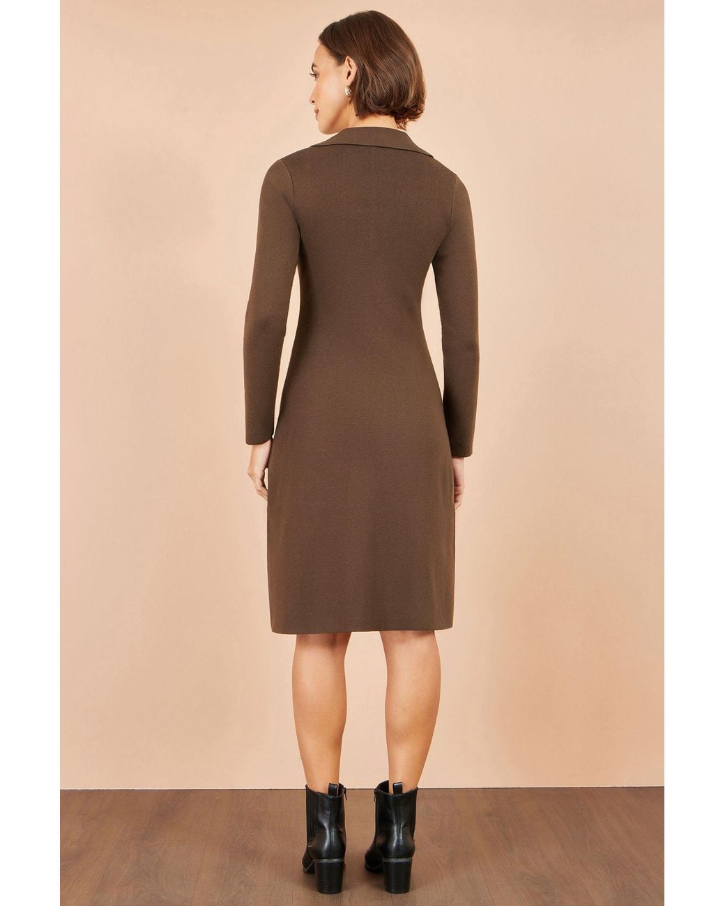 Yumi' Brown Knitted Ruched Collar Dress