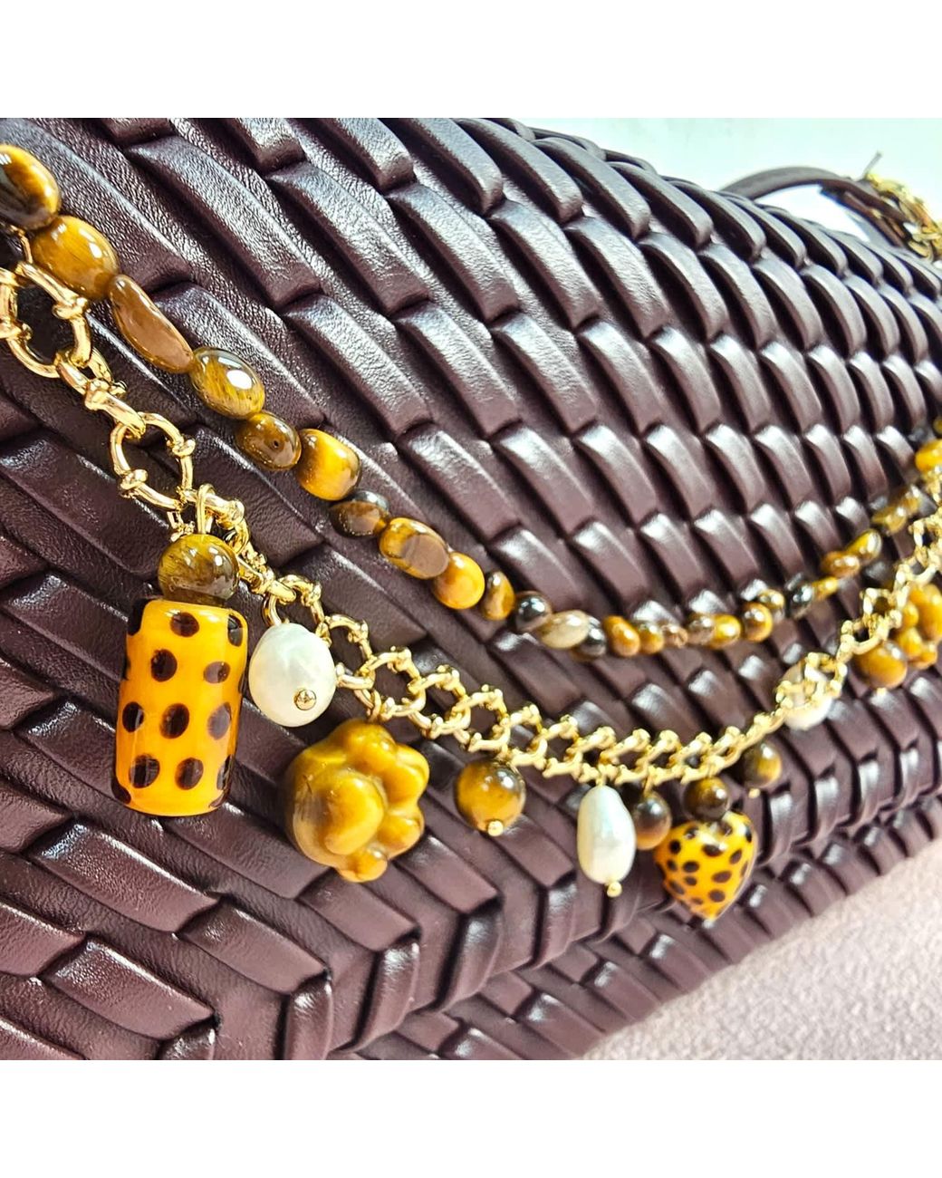 Farra Brown Leopard Print Tiger-Eye Stone And Pearls Layered Bag Charm
