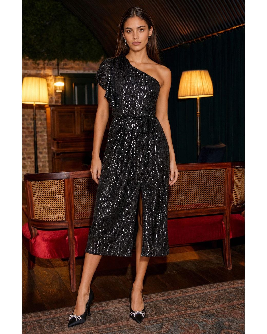 Yumi' Black Sequin One Shoulder Midi Dress