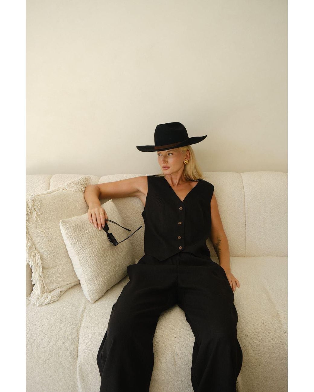 Idyllo White Linen Wide Trousers Pants With Pockets