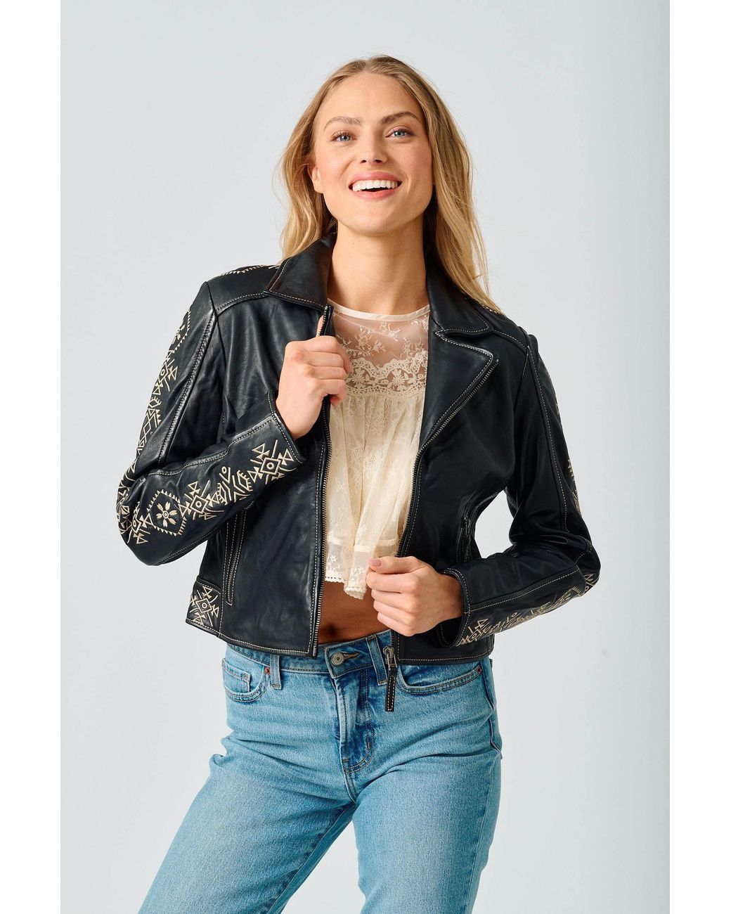 Mauritius Black Embroidered Leather Jacket Cora